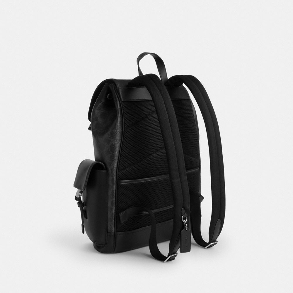 COACH®,Clark Backpack In Signature Canvas With Varsity Stripe,Canvas,Leather,Backpack,Logo,Stripe,Adjustable,Suitcase Slee...,Black,Angle View