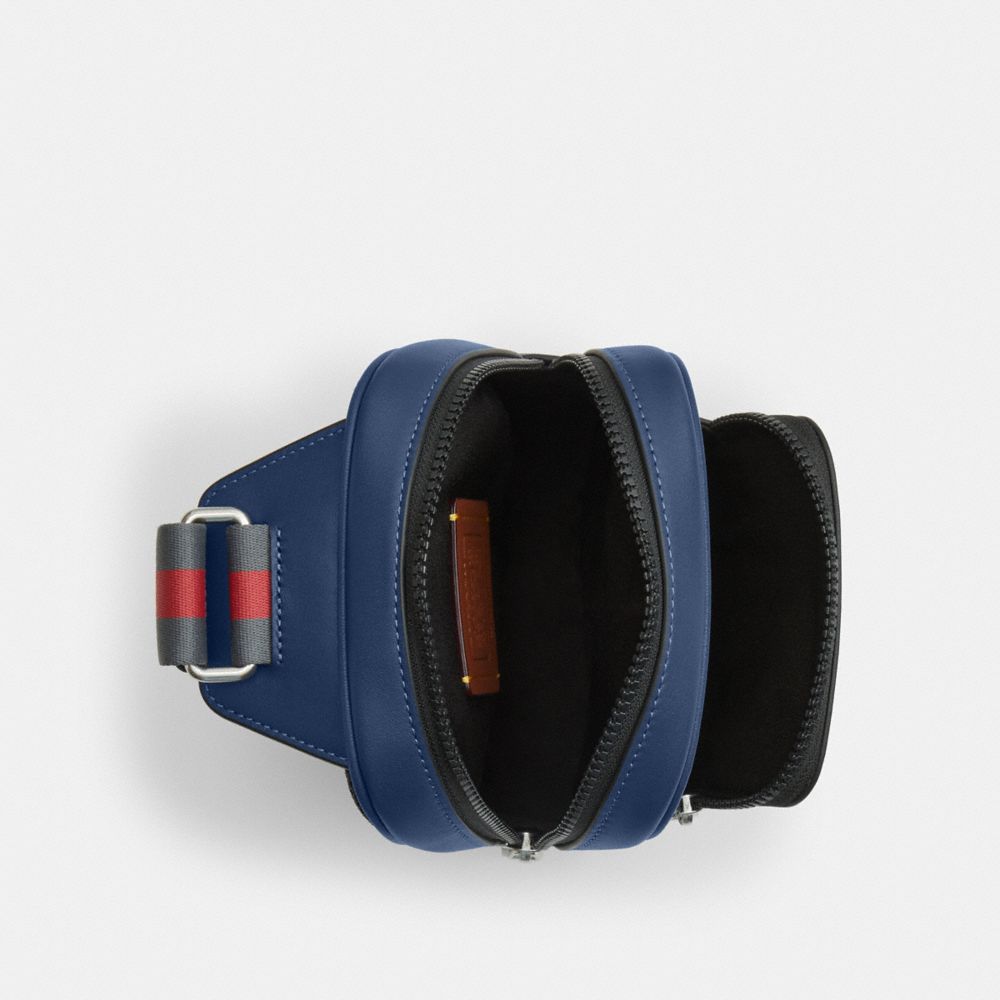 COACH®,Racer Sling Pack With Varsity Stripe Webbing,Leather,Lining Knit,Slingback,Applique,Logo,Compact,Navy,Inside View,Top View