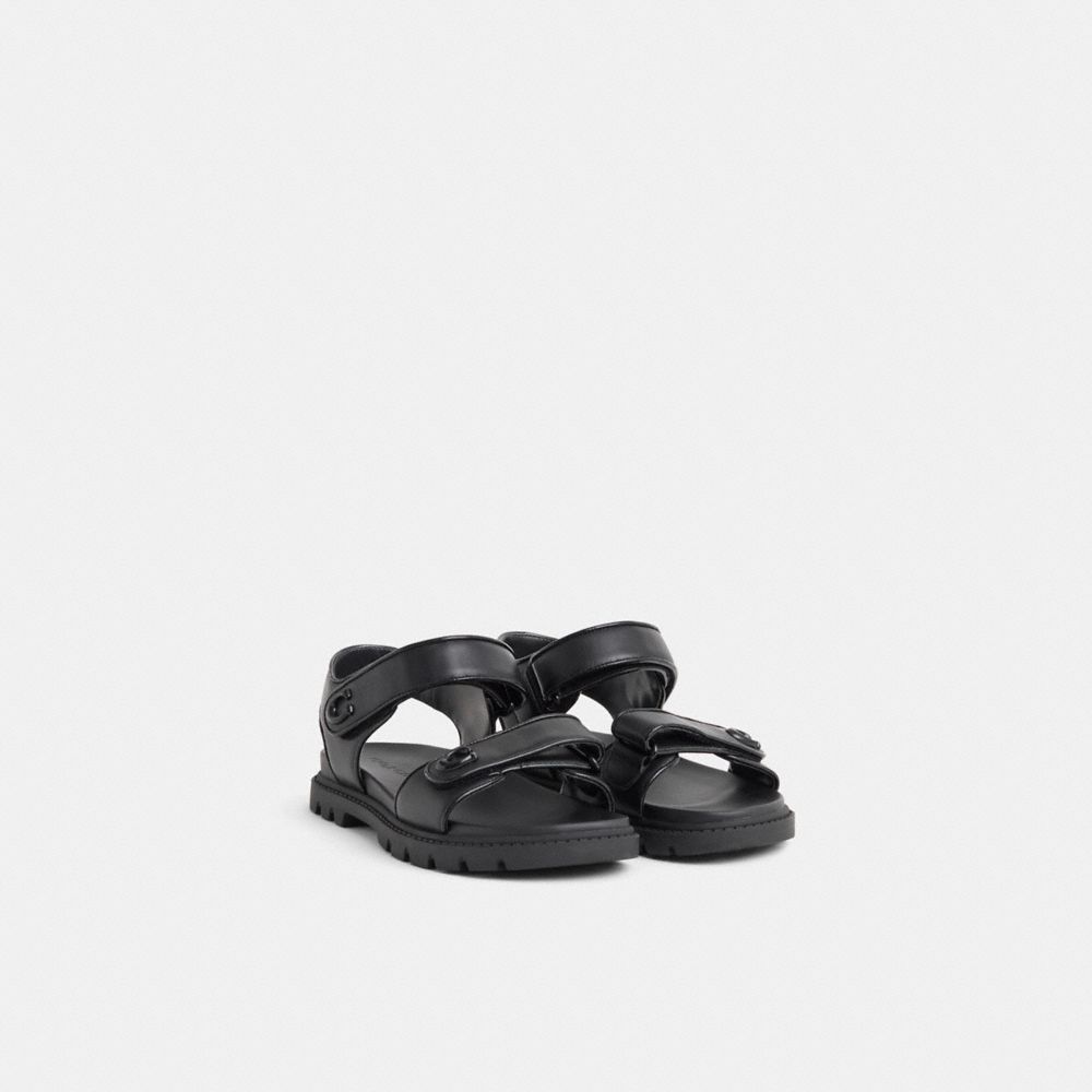 COACH®,Restored Brynn Sandal,Leather,Faux Leather,Sandals,Fabric,Logo,Metal,Cushioned,Casual,Black,Angle View