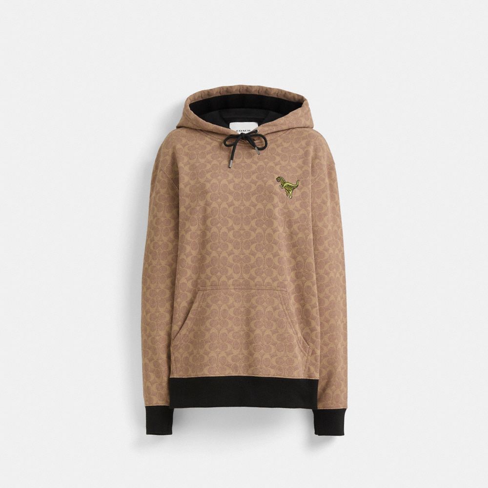COACH®,Restored Signature Rexy Hoodie,Cotton,Cotton Blend,Sweatshirt,Embroidered,Drawstring,Sustainable,Casual,Beige,Front View