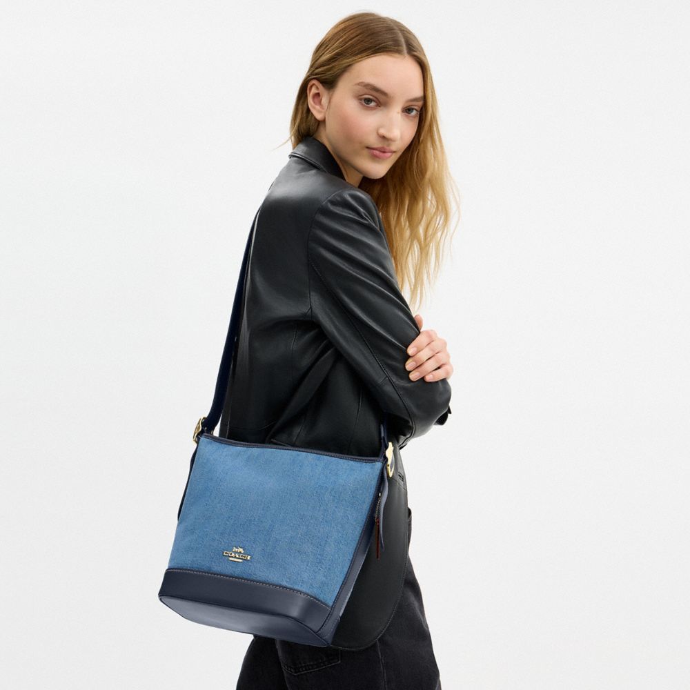 COACH®,Jude Duffle Bag In Signature Denim,Cotton,Leather,Denim,Crossbody,Piping,Color Block,Adjustable,Casual,Blue
