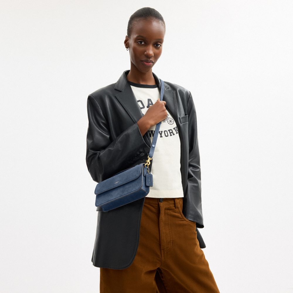 COACH®,Elora Top Handle Crossbody Bag,Suede,Leather,Calfskin Leather,Crossbody,Compact,Brass,Day Party,Navy,Detail View