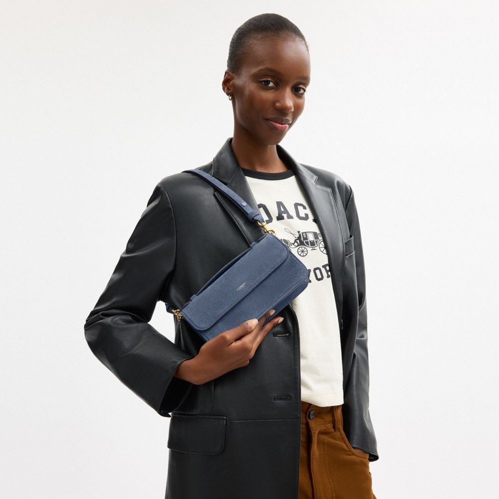 COACH®,Elora Top Handle Crossbody Bag,Suede,Leather,Calfskin Leather,Crossbody,Compact,Brass,Day Party,Navy,Detail View