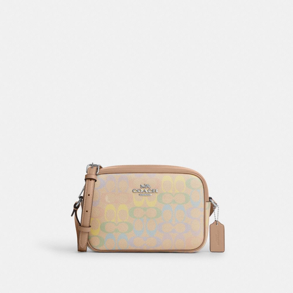 COACH®,Jamie Camera Bag In Rainbow Signature Canvas,Canvas,Camera Bag,Metal,Piping,Logo,Casual,Beige,Front View