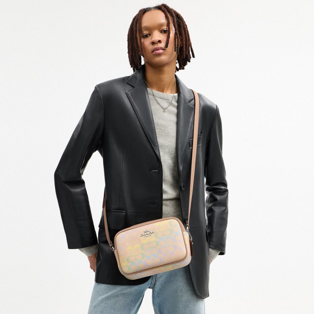 COACH®,Jamie Camera Bag In Rainbow Signature Canvas,Canvas,Camera Bag,Metal,Piping,Logo,Casual,Beige