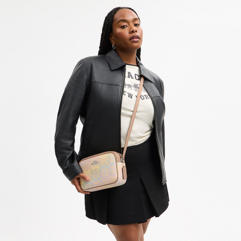 COACH®,Jamie Camera Bag In Rainbow Signature Canvas,Canvas,Camera Bag,Metal,Piping,Logo,Casual,Beige