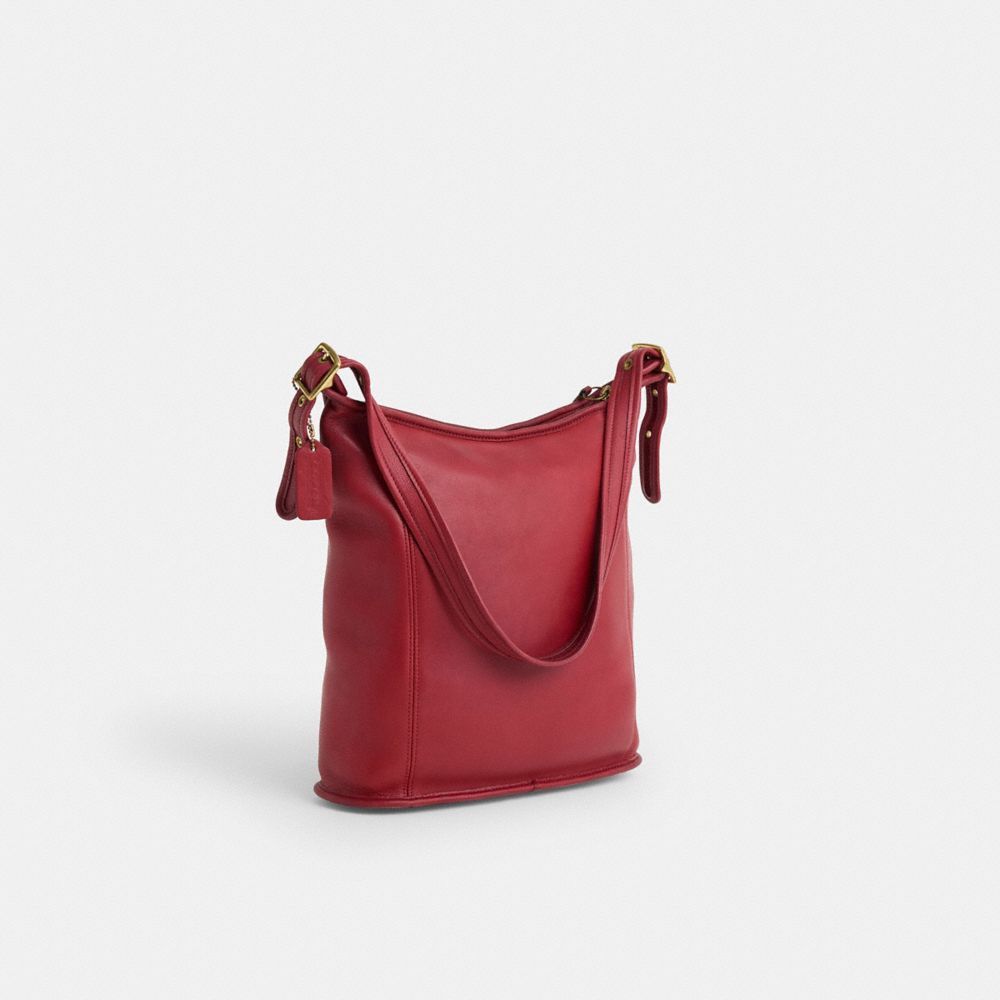 COACH®,Vintage Slim Duffle Sac,Leather,Bucket,Logo,Embossed,Gold Metal,Casual,Maroon,Angle View