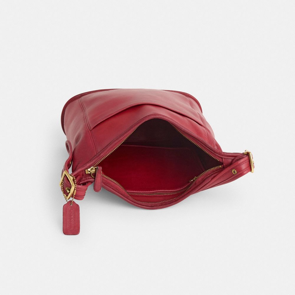 COACH®,Vintage Slim Duffle Sac,Leather,Bucket,Logo,Embossed,Gold Metal,Casual,Maroon,Inside View,Top View