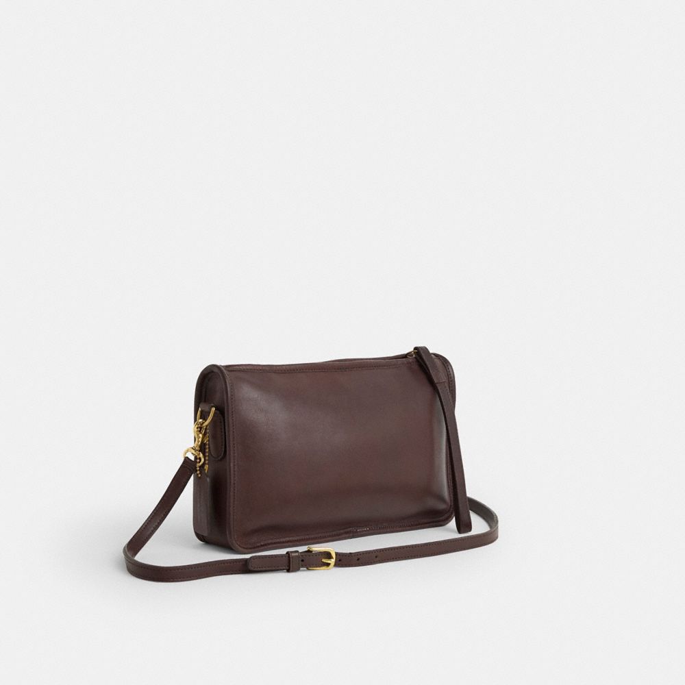 COACH®,Vintage Basic Bag,Leather,Crossbody,Embossed,Logo,Gold Metal,Casual,Brown,Angle View