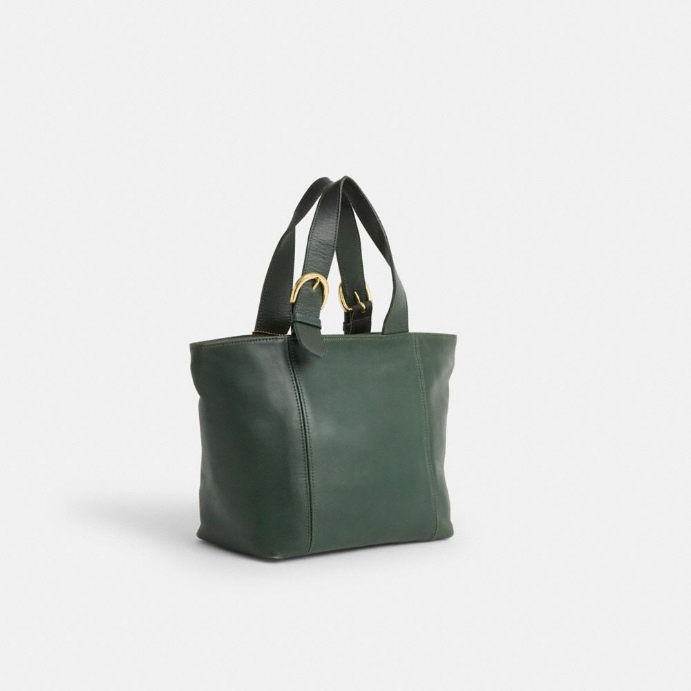 COACH®,Vintage Waverly Bag,Leather,Tote,Embossed,Logo,Gold Metal,Casual,Emerald,Angle View