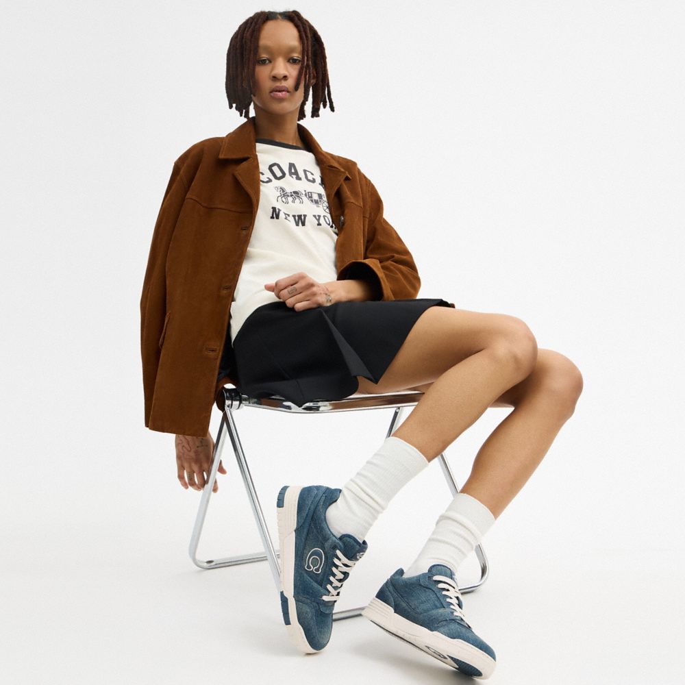 COACH®,Soho Sneaker In Loved Denim,Denim,Rubber,Casual,Low Top,Fabric,Logo,Pull Tab,Breathable,Casual,Teal,Detail View