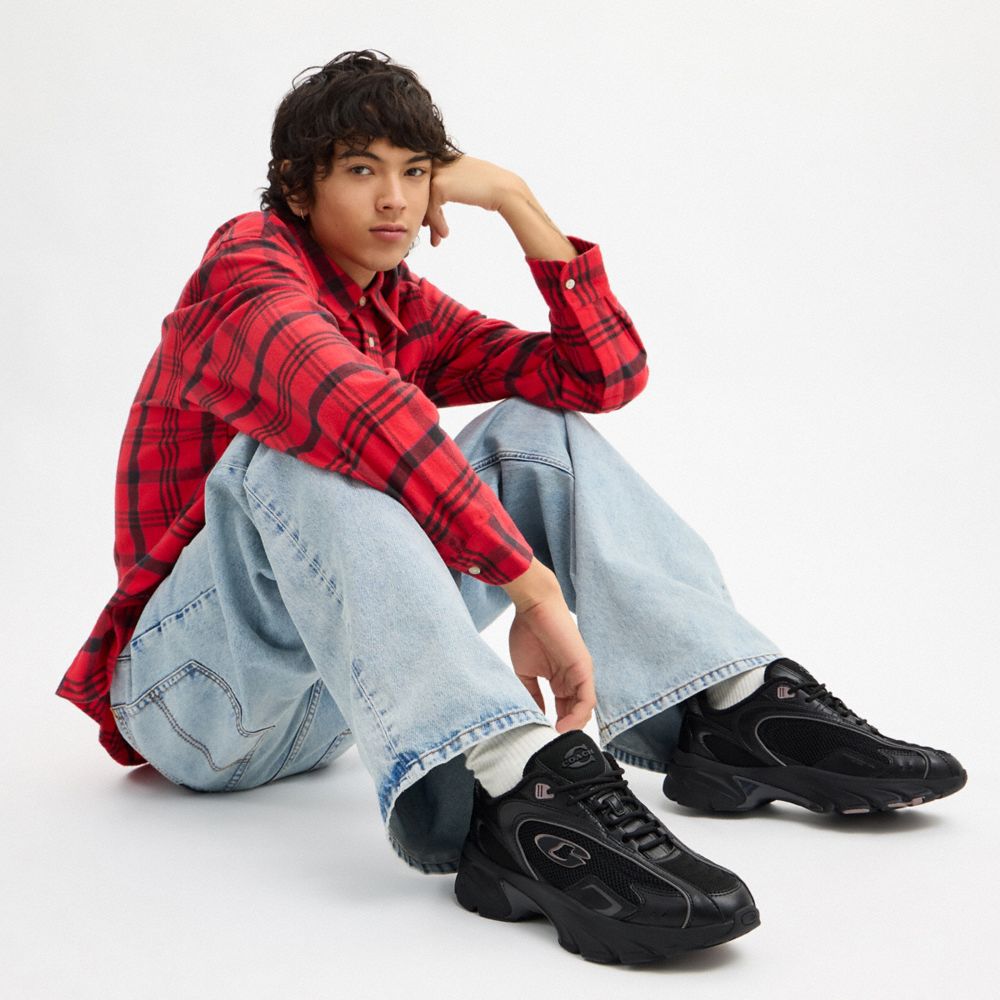 COACH®,Bolt Runner Sneaker,Leather,Rubber,Activewear,Fabric,Piping,Logo,Cushioned,Flexible Insole,Flexible,Pull Tab,Breath...,Black,Detail View