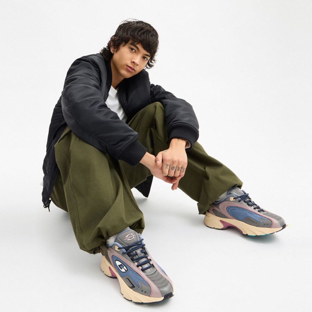 COACH®,Bolt Runner Sneaker,Leather,Rubber,Activewear,Fabric,Piping,Logo,Cushioned,Flexible Insole,Flexible,Pull Tab,Breath...,Multi Color,Detail View