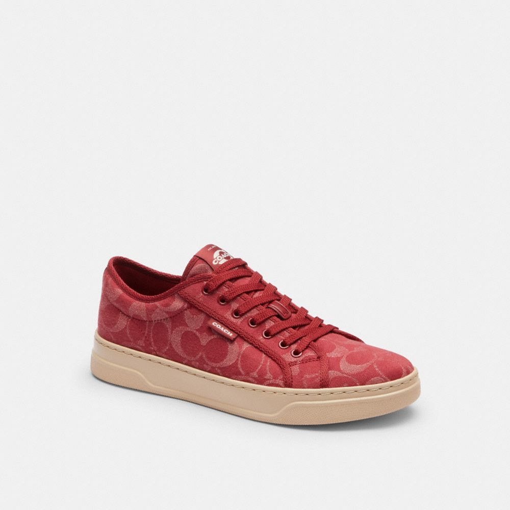 COACH®,Canvas Sneaker In Signature Denim,Maroon,Front View