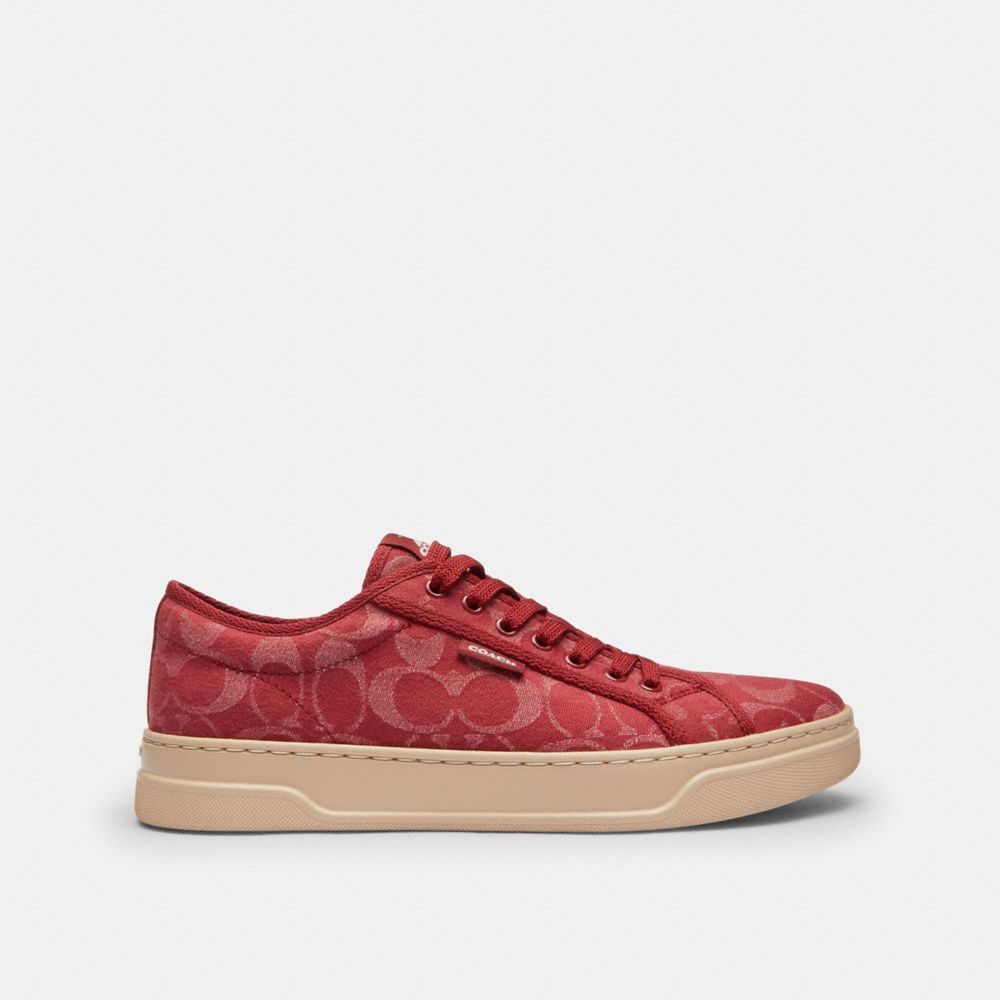 COACH®,Canvas Sneaker In Signature Denim,Maroon,Angle View