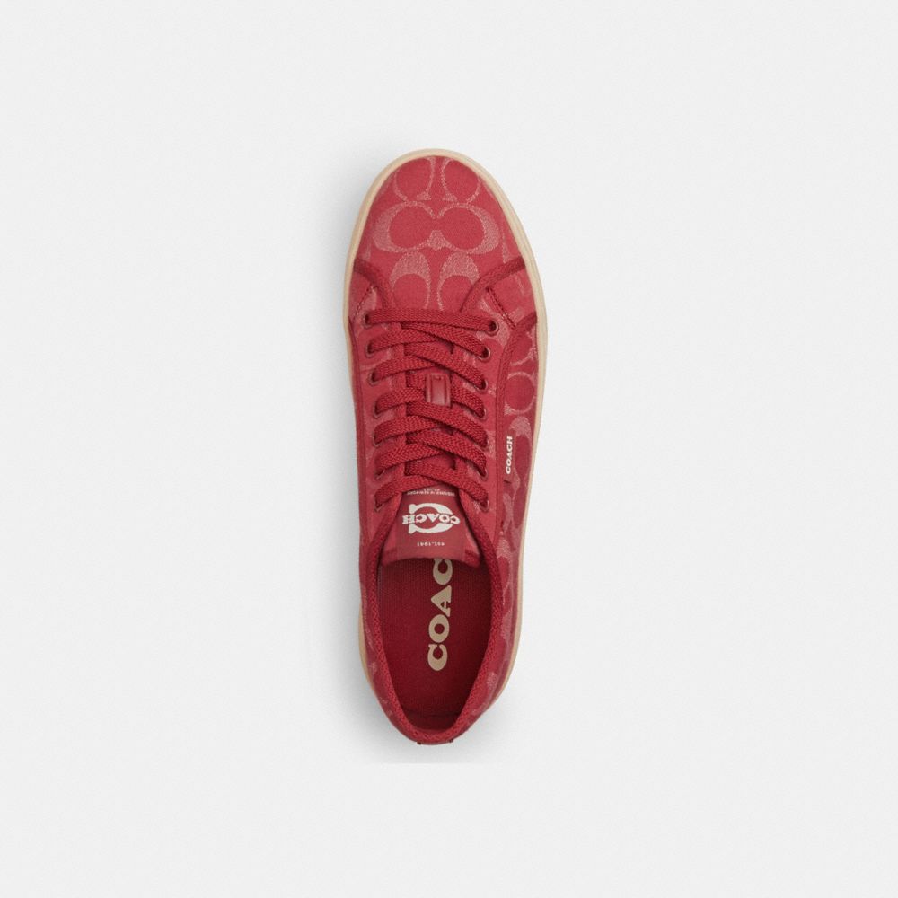 COACH®,Canvas Sneaker In Signature Denim,Cotton,Denim,Canvas,Casual,Low Top,Plastic,Fabric,Logo,Cushioned Outsole,Sustaina...,Maroon,Inside View,Top View