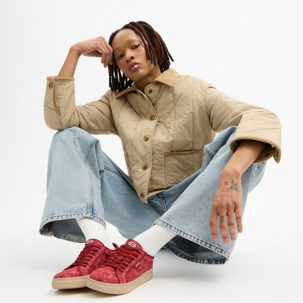 COACH®,Canvas Sneaker In Signature Denim,Maroon,Detail View