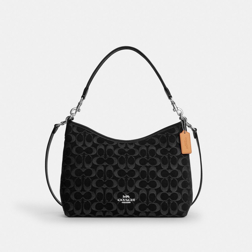 COACH®,Laurel Shoulder Bag In Signature Denim,Cotton,Leather,Shoulder Bag,Metal,Logo,Sustainable,Silver Metal,Casual,Black,Front View