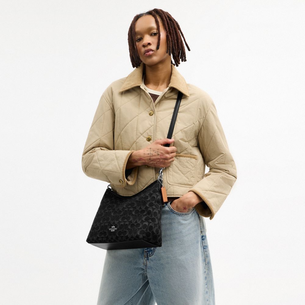 COACH®,Laurel Shoulder Bag In Signature Denim,Cotton,Leather,Shoulder Bag,Metal,Logo,Sustainable,Silver Metal,Casual,Black