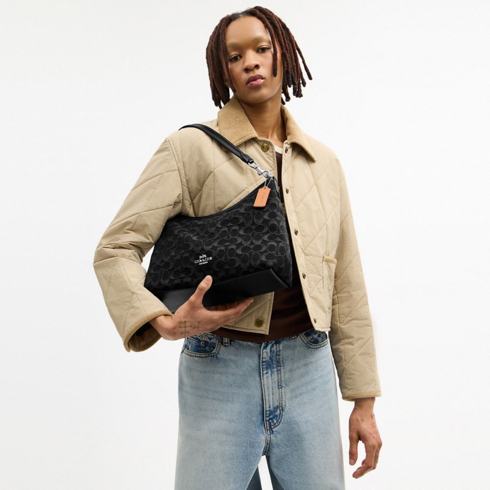 COACH®,Laurel Shoulder Bag In Signature Denim,Cotton,Leather,Shoulder Bag,Metal,Logo,Sustainable,Silver Metal,Casual,Black,Detail View