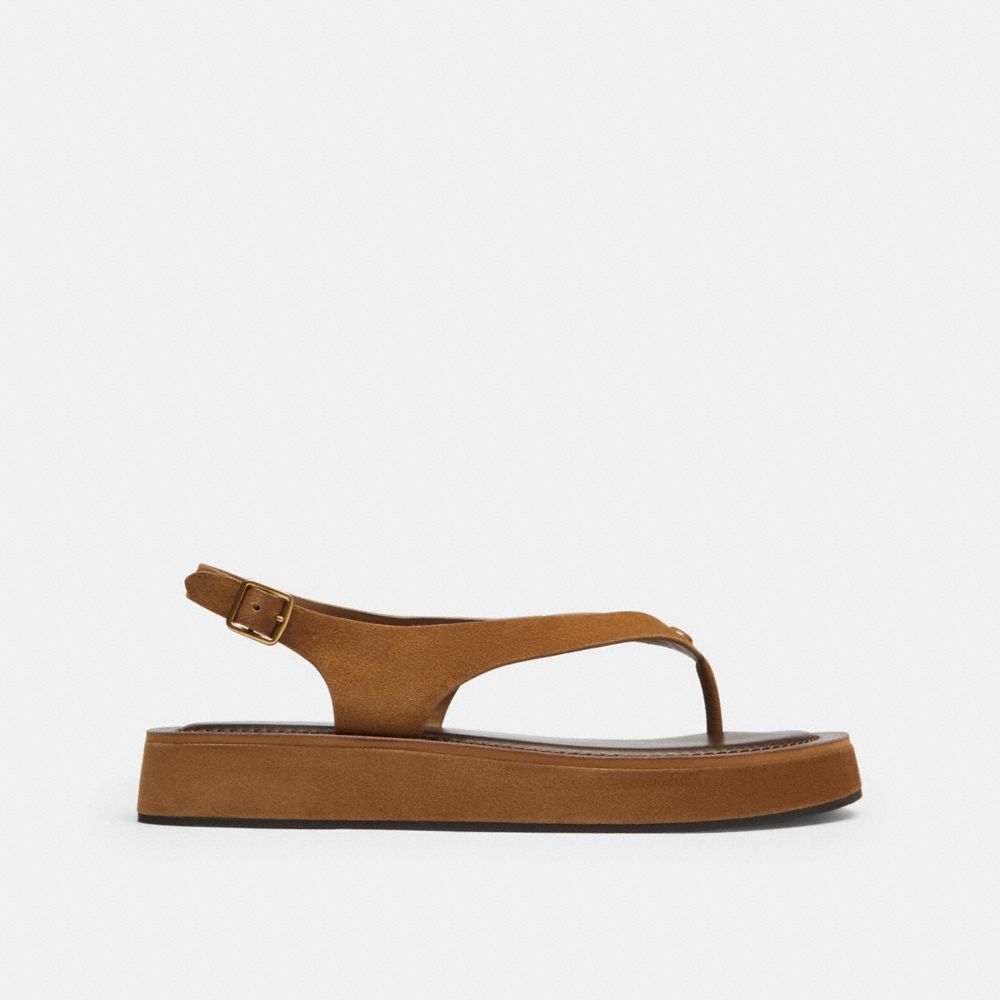 COACH®,Sculpted C Platform Thong Sandal,Rubber,Suede,Leather,Sandals,Pull Tab,Casual,Brown,Angle View