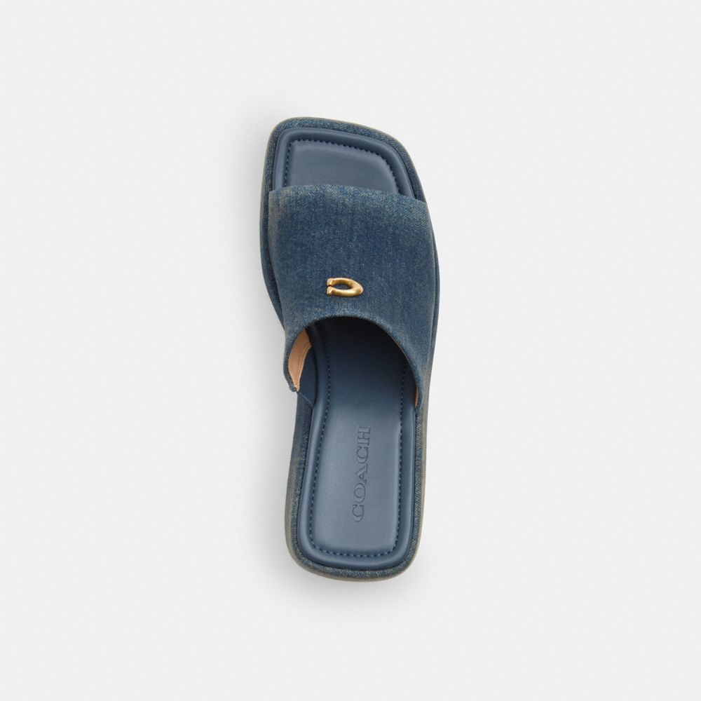 COACH®,Marie Platform Sandal In Loved Denim,Leather,Rubber,Denim,Slides,Logo,Metal,Cushioned Outsole,Cushioned,Casual,Navy,Inside View,Top View