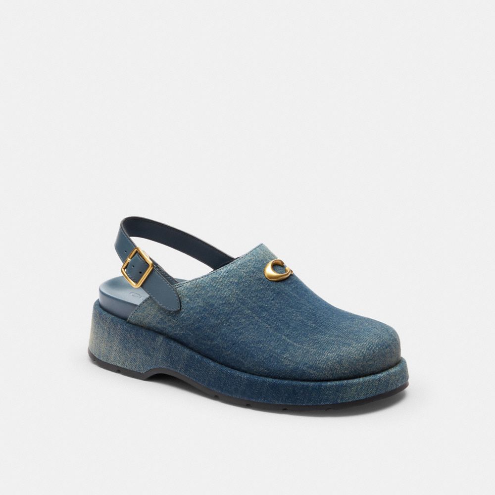 COACH®,Sculpted C Platform Clog In Loved Denim,Rubber,Leather,Denim,Clogs,Logo,Metal,Elastic Gore,Casual,Navy,Front View