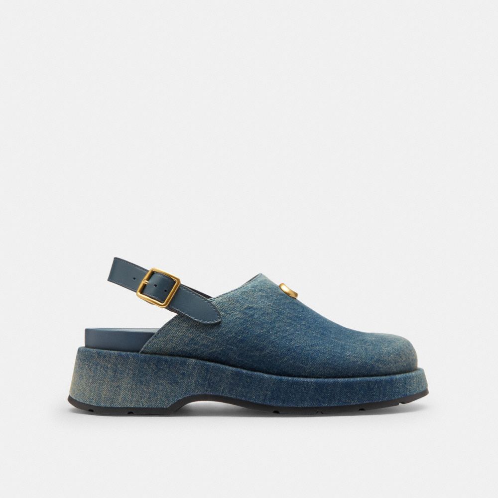 COACH®,Sculpted C Platform Clog In Loved Denim,Rubber,Leather,Denim,Clogs,Logo,Metal,Elastic Gore,Casual,Navy,Angle View