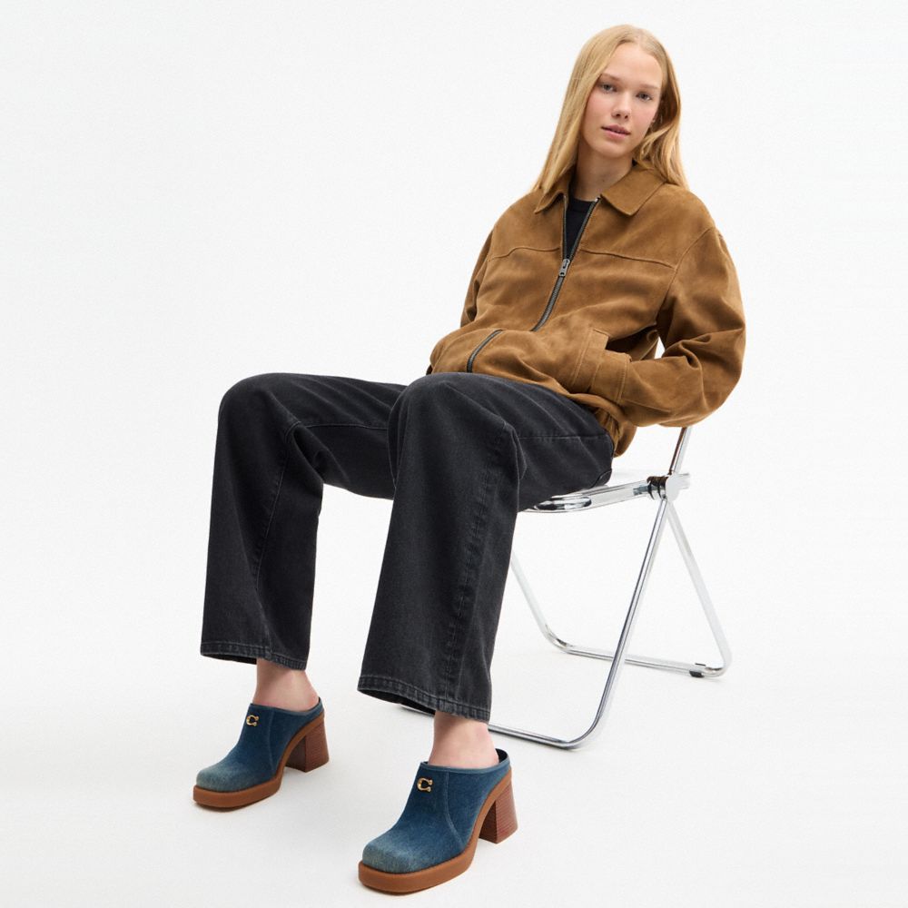 COACH®,Sculpted C Heeled Mule In Loved Denim,Denim,Leather,Rubber,Mules,Clogs,Logo,Metal,Day Party,Navy,Detail View