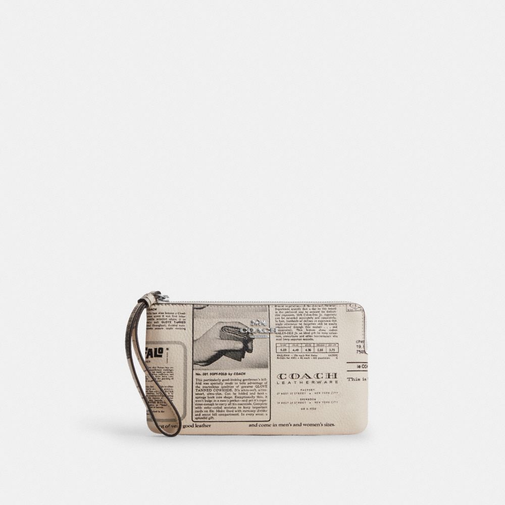 COACH®,Large Corner Zip Wristlet With Newspaper Print,Cream,Front View