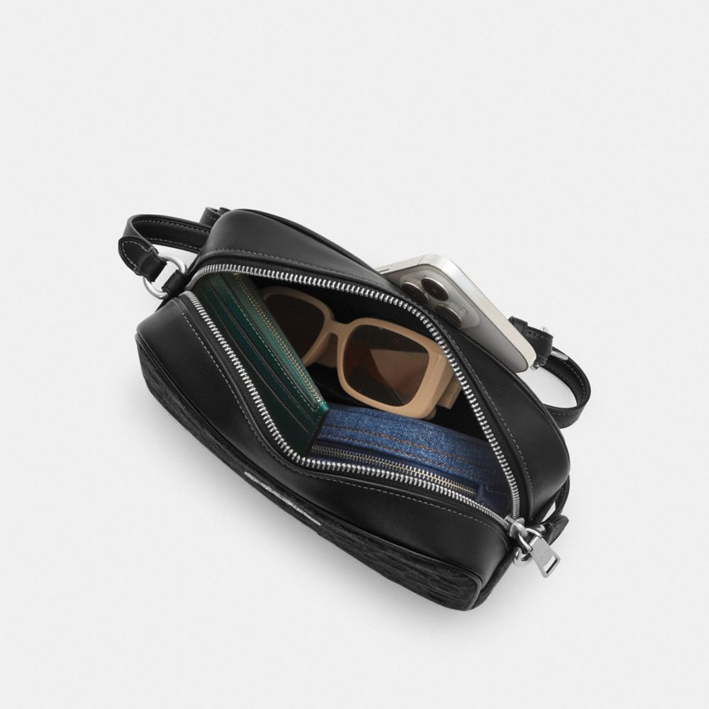 COACH®,Jamie Camera Bag In Signature Denim,Cotton,Denim,Leather,Camera Bag,Logo,Lined,Adjustable,Casual,Black,Inside View,Top View