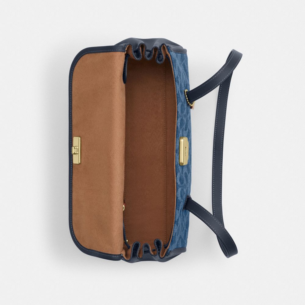 COACH®,Bridget Flap Shoulder Bag In Signature Denim,Cotton,Leather,Denim,Shoulder Bag,Metal,Logo,Gold Metal,Casual,Navy,Inside View,Top View