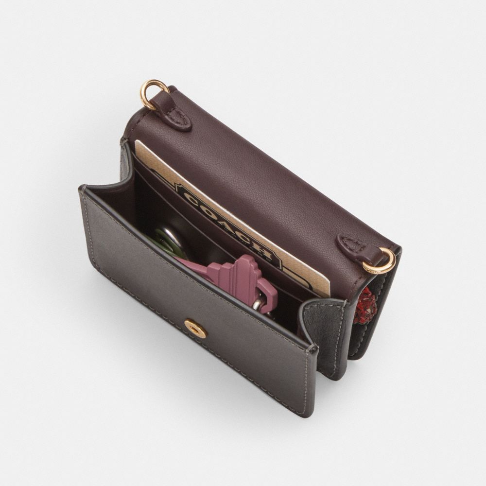 COACH®,Mini Wallet On A Chain With Cherry Print,Leather,Crossbody,Logo,Glitter,Metal,Day Party,Black,Inside View,Top View