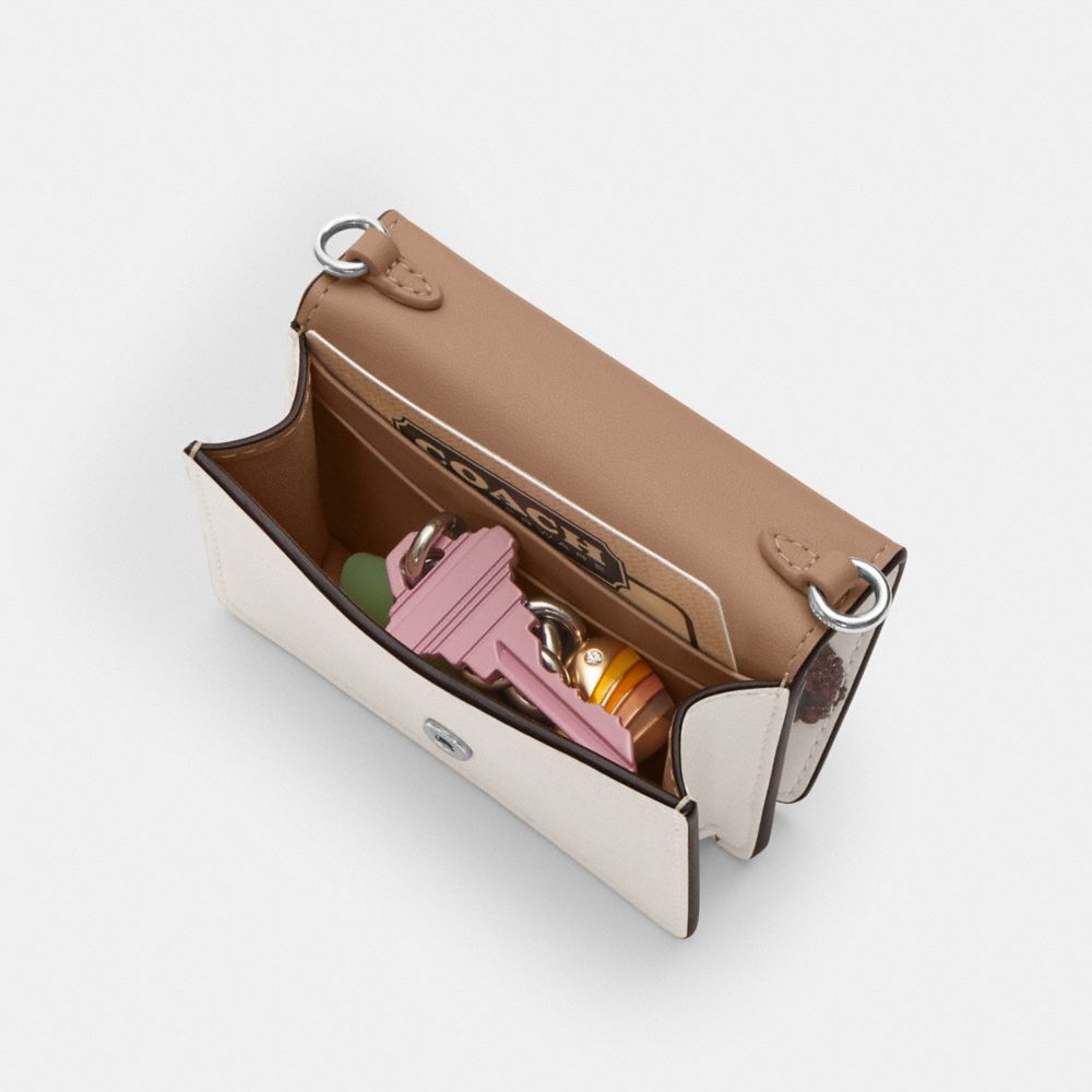 COACH®,Mini Wallet On A Chain With Cherry Print,Leather,Crossbody,Logo,Glitter,Metal,Day Party,White,Inside View,Top View