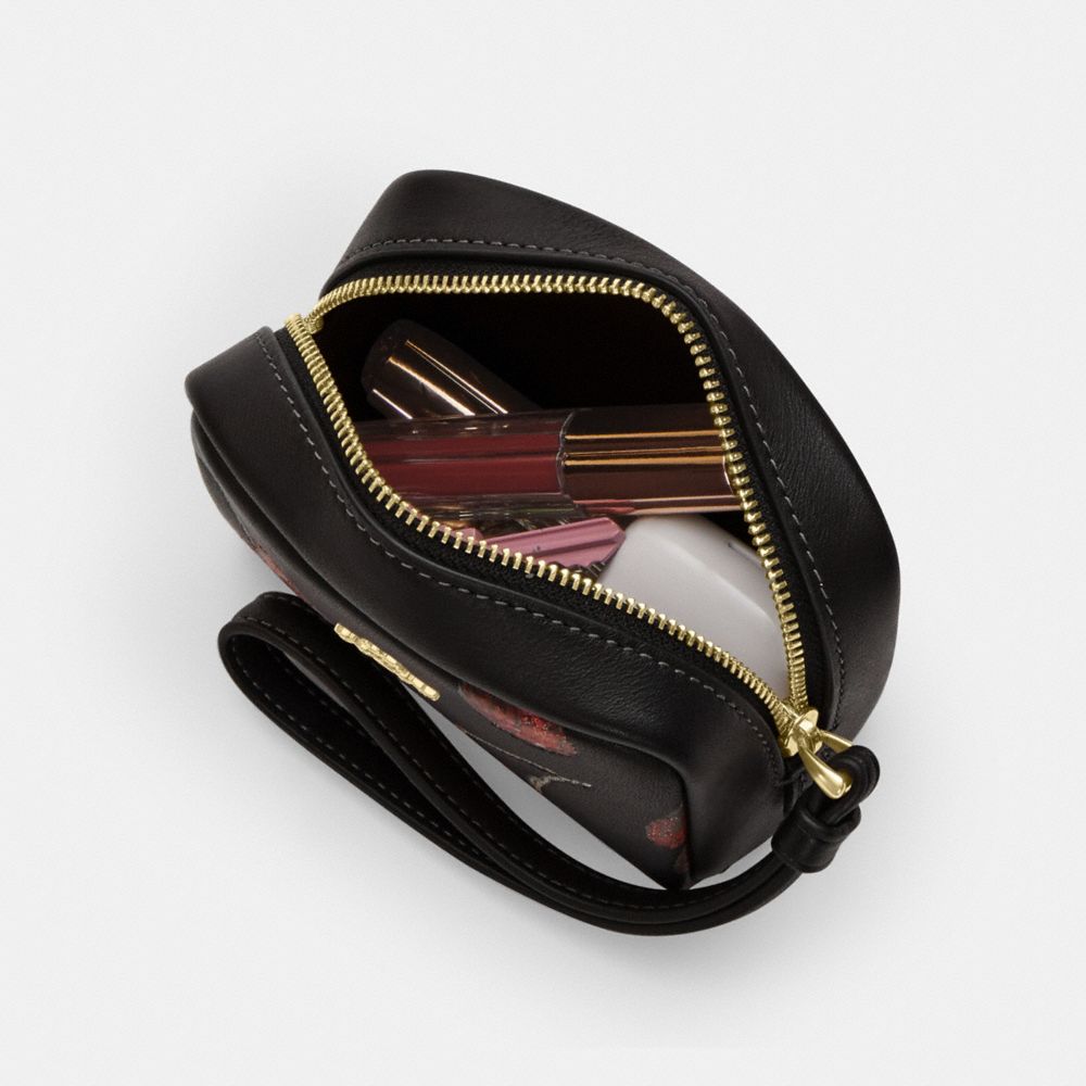 COACH®,Pouch Wristlet With Cherry Print,Leather,Wristlet,Pouch,Glitter,Metal,Logo,Casual,Black,Inside View,Top View