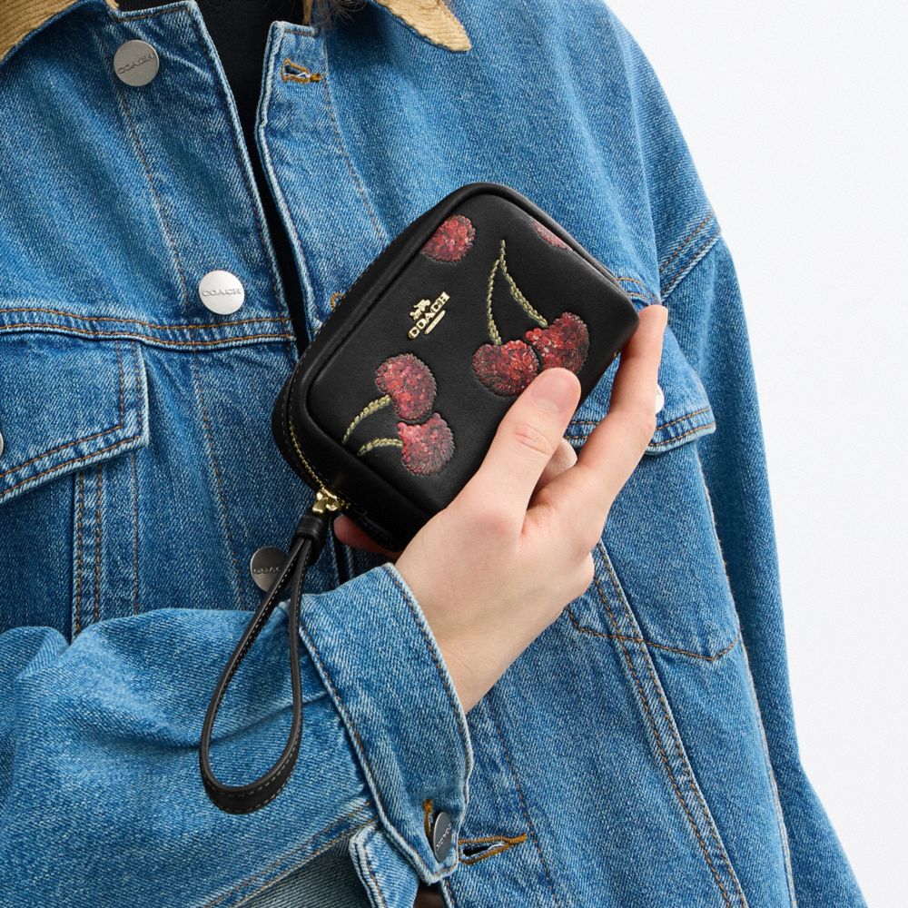 COACH®,Pouch Wristlet With Cherry Print,Leather,Wristlet,Pouch,Glitter,Metal,Logo,Casual,Black,Detail View