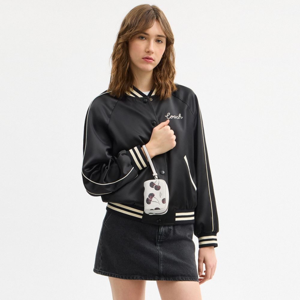 COACH®,Pouch Wristlet With Cherry Print,Leather,Wristlet,Pouch,Glitter,Metal,Logo,Casual,White,Detail View