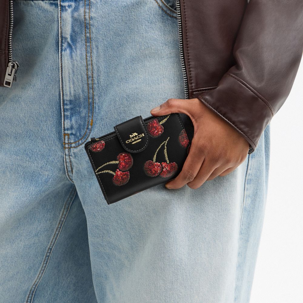 COACH®,Medium Corner Zip Wallet With Cherry Print,,Detail View