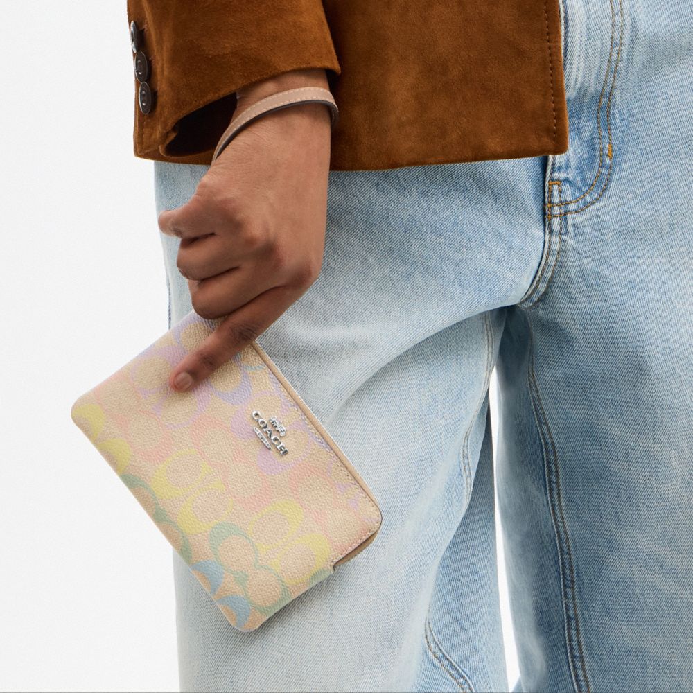 COACH®,Corner Zip Wristlet In Rainbow Signature Canvas,Canvas,Pouch,Wristlet,Metal,Logo,Casual,Beige,Detail View