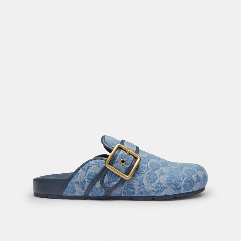 COACH®,Archival Buckle Clog In Regenerative Cotton Signature Denim,Rubber,Leather,Denim,Cotton,Mules,Clogs,Logo,Piping,Casual,Blue,Angle View