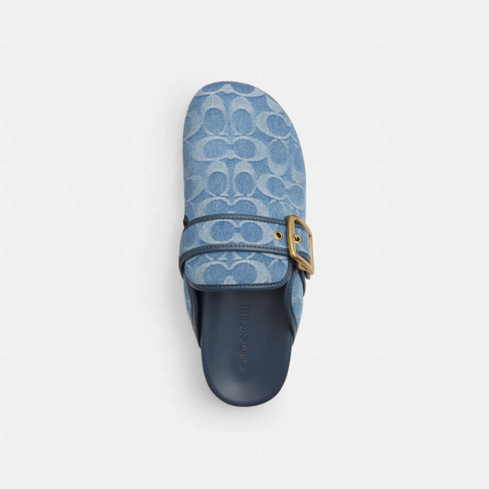 COACH®,Archival Buckle Clog In Regenerative Cotton Signature Denim,Rubber,Leather,Denim,Cotton,Mules,Clogs,Logo,Piping,Casual,Blue,Inside View,Top View