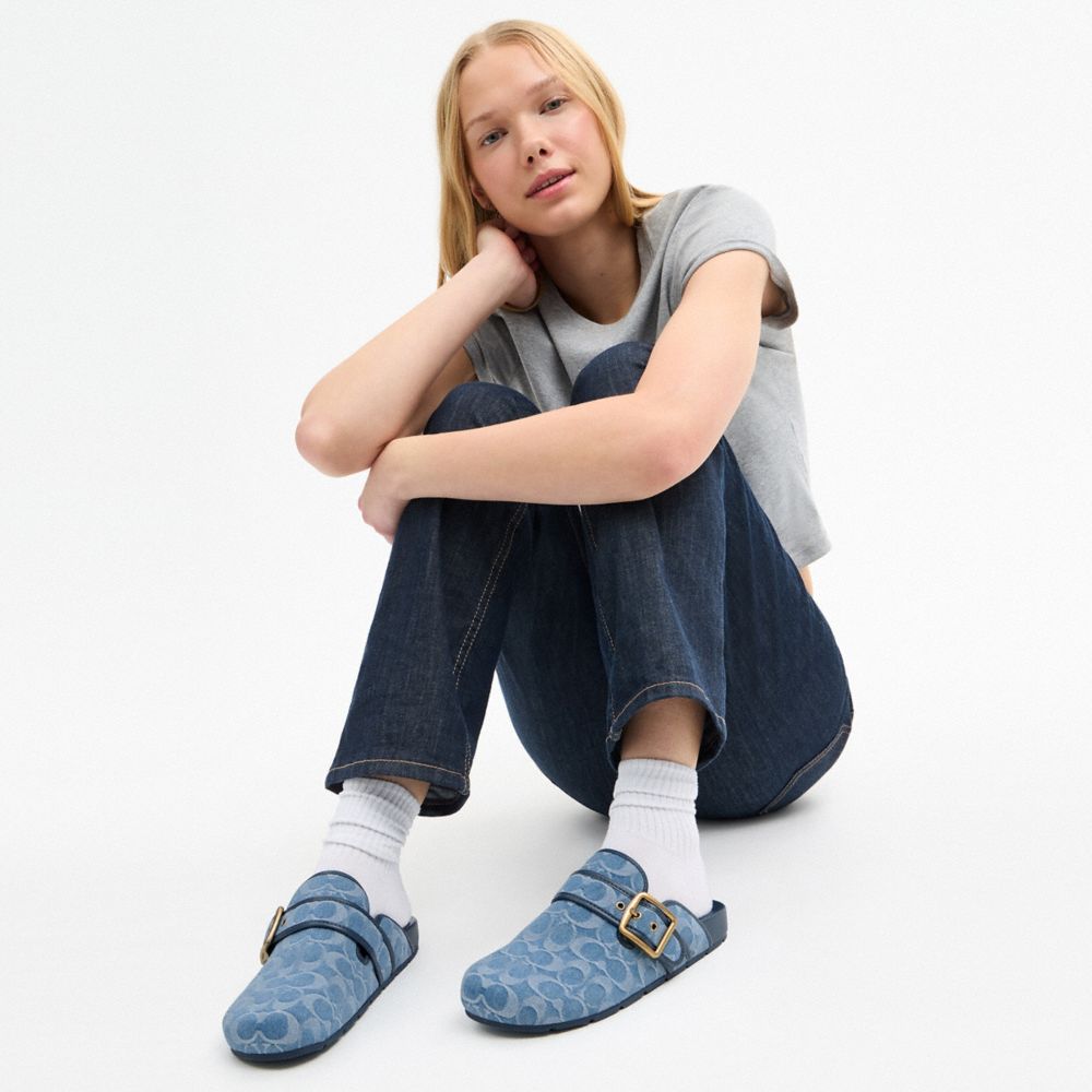 COACH®,Archival Buckle Clog In Regenerative Cotton Signature Denim,Rubber,Leather,Denim,Cotton,Mules,Clogs,Logo,Piping,Casual,Blue,Detail View