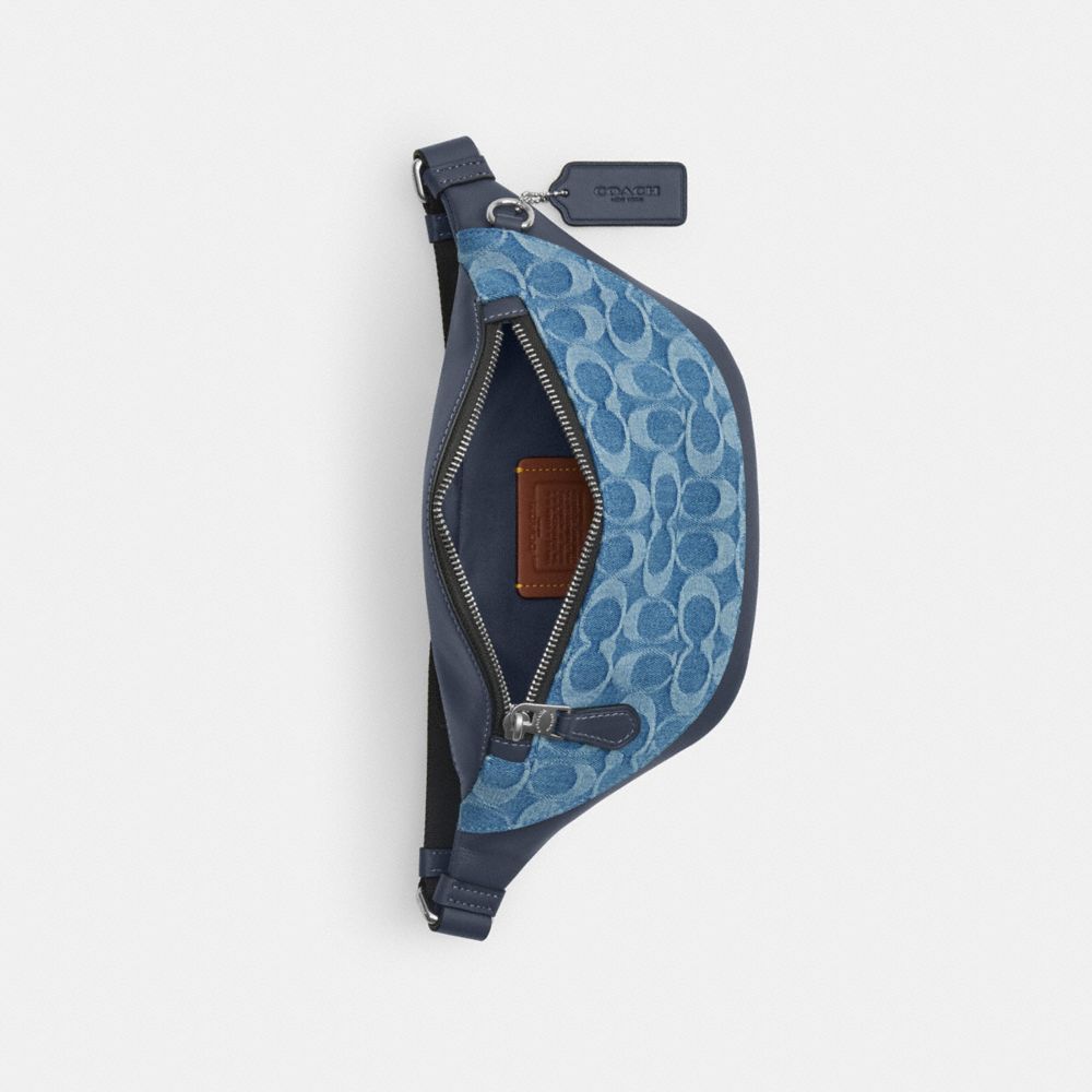 COACH®,Warren Mini Belt Bag In Signature Denim,Denim,Leather,Cotton,Belt Bag,Color Block,Logo,Sustainable,Casual,Blue,Inside View,Top View