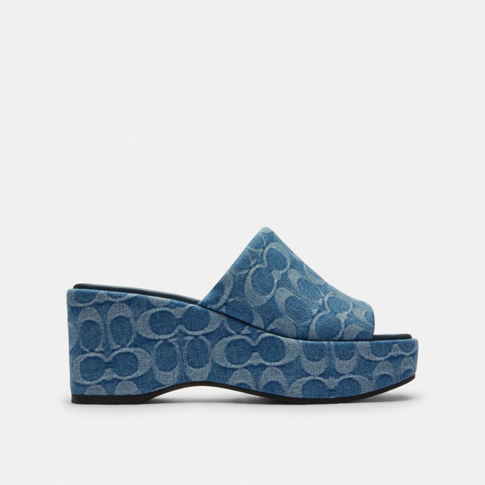 COACH®,Phoebe Platform Sandal In Signature Denim,Blue,Angle View
