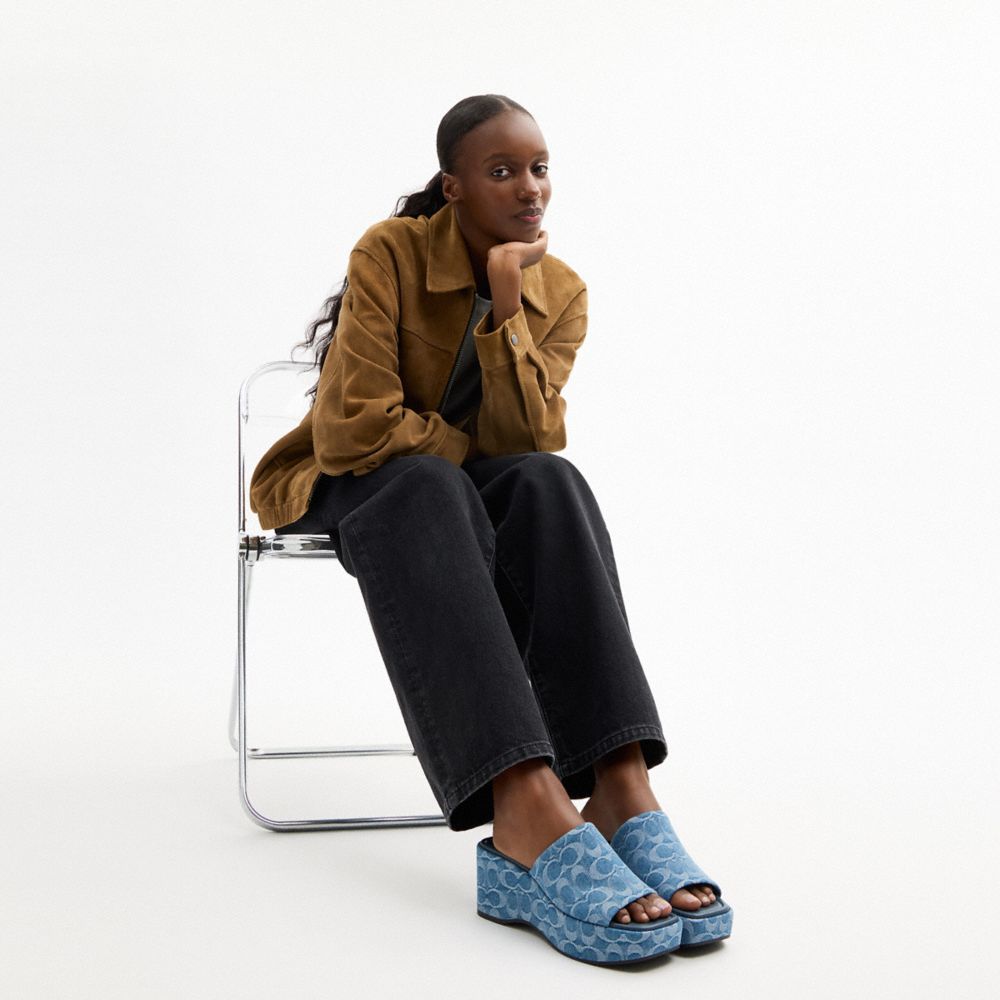 COACH®,Phoebe Platform Sandal In Signature Denim,Blue,Detail View