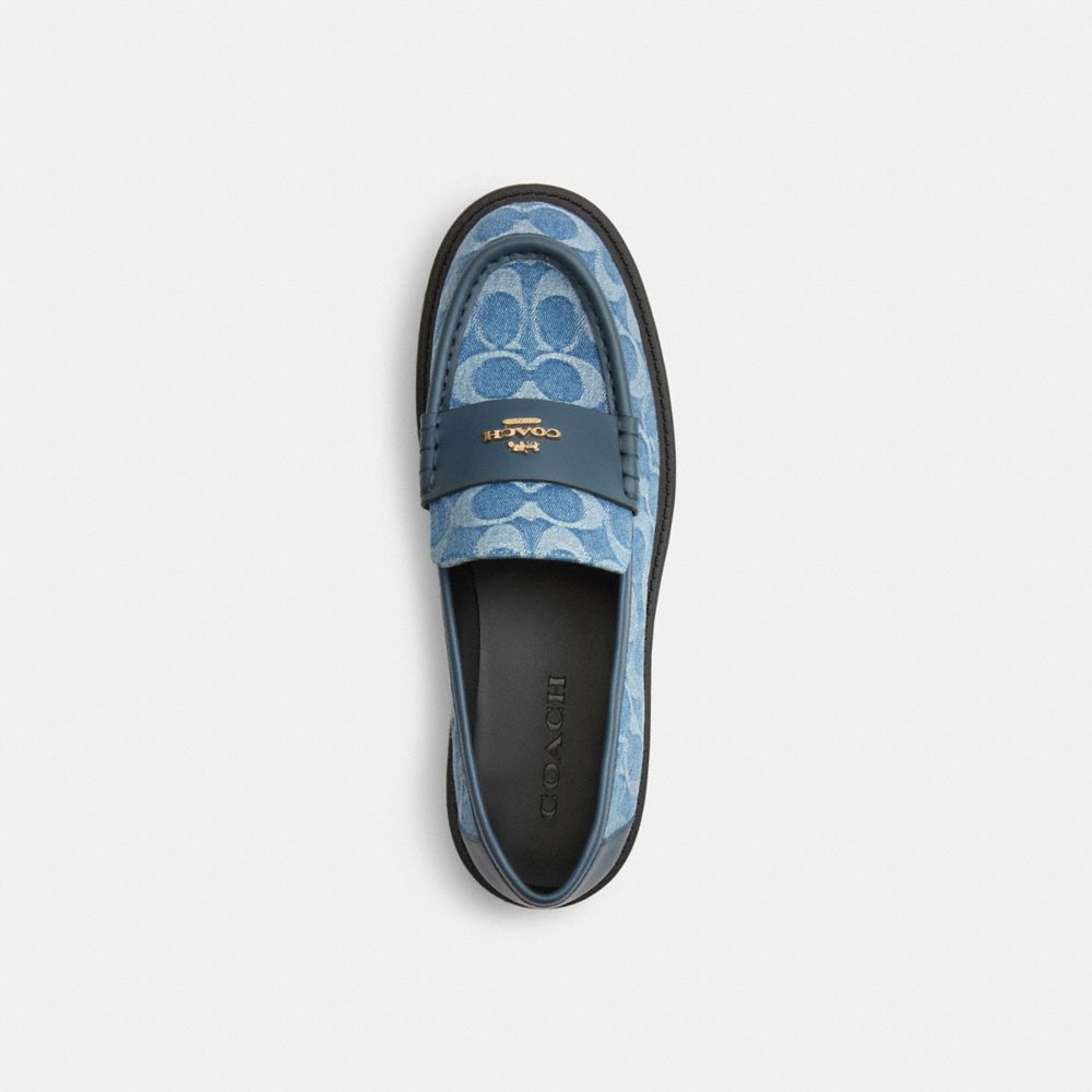 COACH®,Lucy Lug Sole In Signature Denim,Rubber,Faux Leather,Cotton,Loafer,Color Block,Penny Loafer,Piping,Metal,Casual,Blue,Inside View,Top View