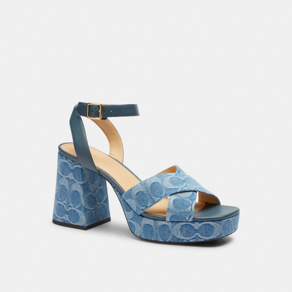 COACH®,Block Heel Sandal In Signature Denim,Blue,Front View