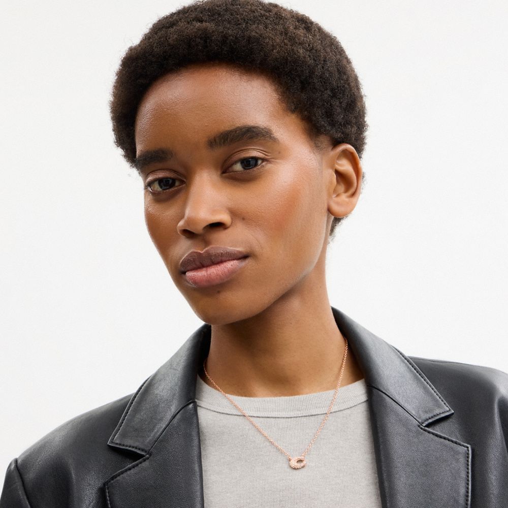 COACH®,Pavé C Necklace,Single Strand,Cubic Zirconia,Crystal,Glass,Gem Embellishment,Initials Embellishment,Logo,Lettering ...,Rose Gold,Detail View