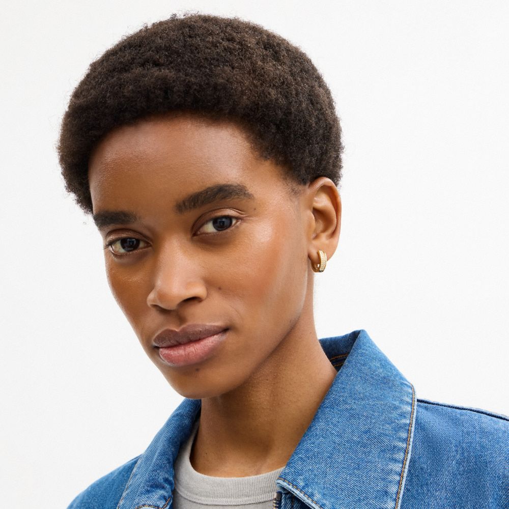 COACH®,Pavé C Huggie Earrings,Hoops,Huggies,Cubic Zirconia,Glass,Crystal,Gem Embellishment,Titanium,Brass Gold,Work,Gold,Detail View