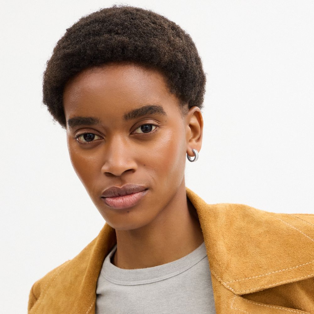 COACH®,Pavé C Huggie Earrings,Huggies,Cubic Zirconia,Crystal,Glass,Gem Embellishment,Titanium,Work,Silver,Detail View